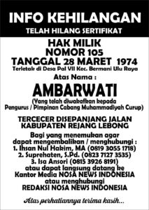 Info Kehiangan Sertifikat Wakaf Milik Pimpinan Muhammadiyah Curup An Ambarwati. Nomor 105