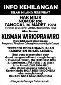 Info Kehiangan Sertifikat Wakaf Milik Pimpinan Muhammadiyah Curup An Kusman Wirioprawiro. Nomor 106